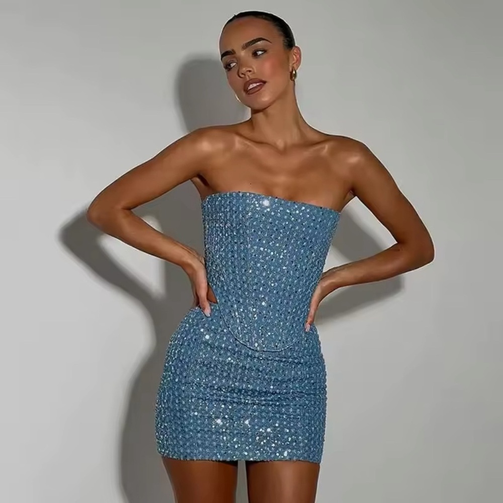 Sizzle in style with this dazzling Women's Blue Sequined Denim 2 Piece Set.